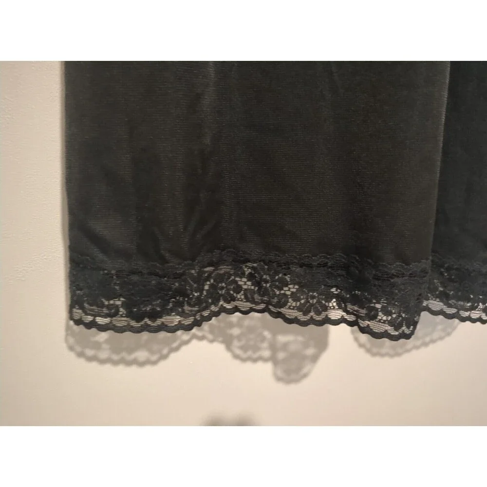 Vintage 70s Vanity Fair Black Nylon Tricot Full Slip Lace Trim 36 S Short